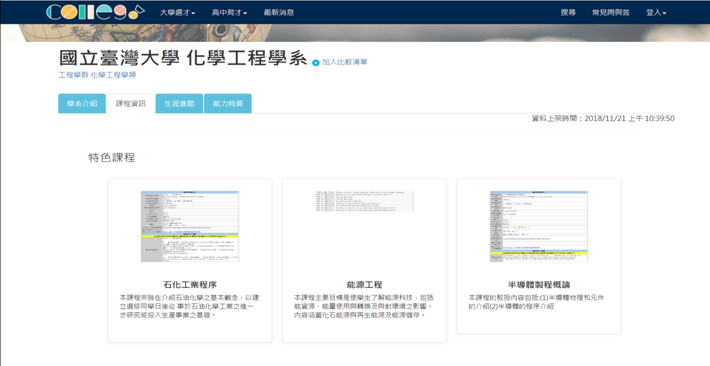 ColleGo!上台灣大學化學工程學系的「特色課程」頁面